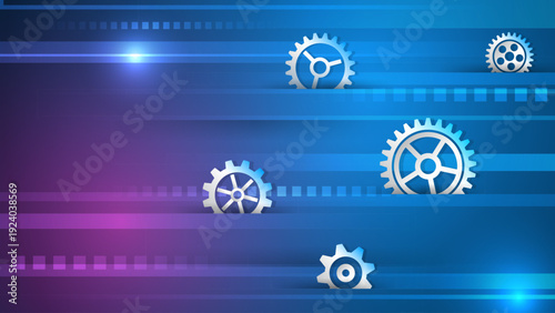 Abstract blue technology background with floating gears and motion lines, symbolizing engineering, automation, industrial workflow and modern mechanical systems.
