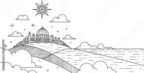 Black and white line of a cityscape with a dome building on a hill near a body of water line cityscape