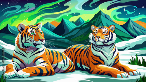 Two tigers resting under aurora borealis