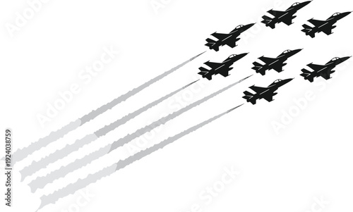 Black fighter jets flying in formation with smoke trails military aircraft formation flying