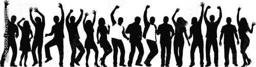 Black silhouettes of people with raised hands white background