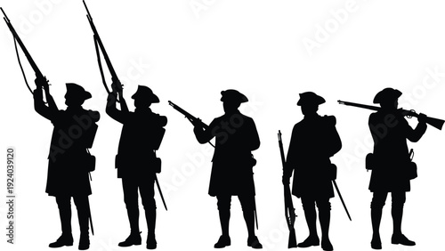 Five Historical Soldiers Standing in Line with Muskets Silhouette Line Formation Military