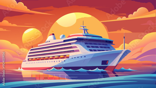 Cruise ship sailing during sunset voyage