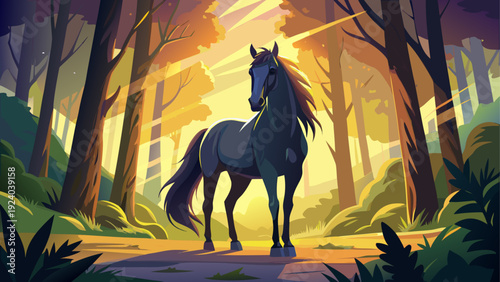 Horse standing in a forest at sunset time