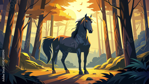 A black horse standing in a forest scene