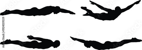 Four black silhouettes of people diving or swimming in different positions on white background