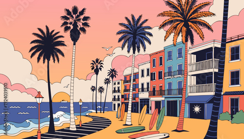Very beautiful Venice Beach sunset in Los Angeles showcasing pastel skies, palm trees, and iconic beachfront buildings reflecting relaxed California coastal culture and artistic spirit.
