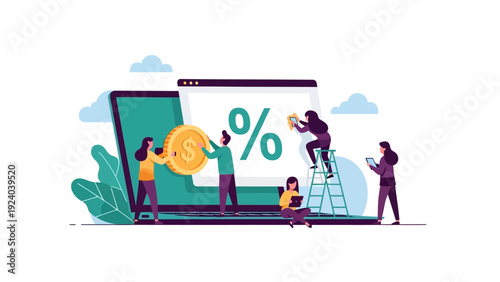 Digital finance and online banking People interacting with a laptop showing percent symbol and coins, symbolizing growth and investment