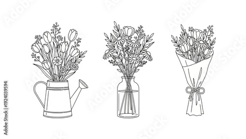 Set of three delicate hand-drawn floral arrangements showcasing beautiful spring bloom bouquets in clean outline illustration style