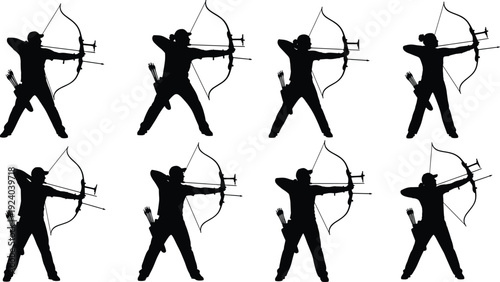 Silhouette of archer bow with arrows in quiver multiple poses black archer silhouette bow and arrow archer poses