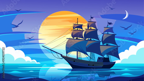 Cartoon ship sailing on water at sunset