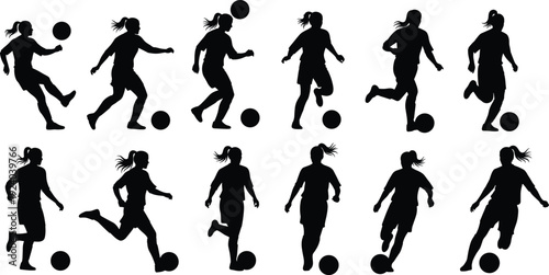 Silhouette of Female Soccer Players Kicking and Running with Ball in Action soccer players silhouette