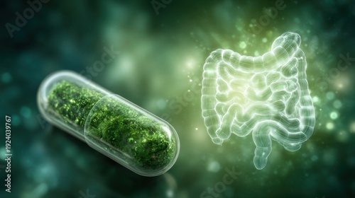 Probiotic capsule with gut microbiome and digestive system health concept