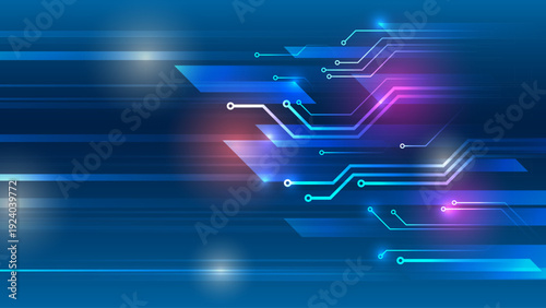 Dynamic futuristic technology background with glowing circuit lines and motion streaks on blue gradient, symbolizing fast data transfer, digital networks and high-tech innovation.