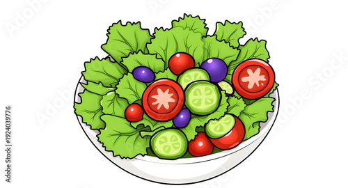 salad, bowl, food, cartoon, illustration, healthy, fresh, vegetable, greens, lettuce, tomato, cucumber, corn, meal, diet, nutrition, vegan, vegetarian, organic, natural, lunch, cuisine, cooking, kitch