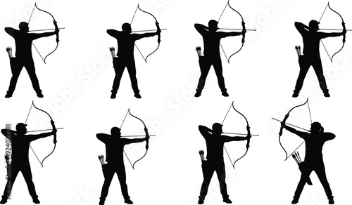 Silhouette of archer shooting bow and arrow in various poses archer silhouette archery archer pose