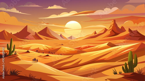 Desert landscape with sun and mountains