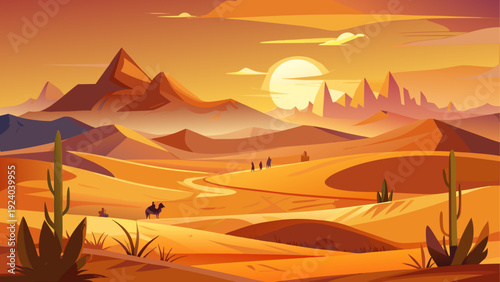 Desert landscape with camel and travelers