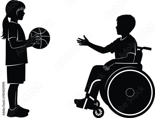 Silhouette of girl holding basketball and boy in wheelchair reaching out 1