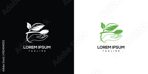 Healthy Food Logo Spoon Hand Leaves - Organic Nutrition Wellness.