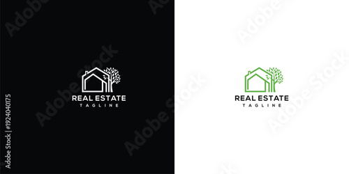 Real Estate Logo with House and Tree - Modern Minimalist Design.
