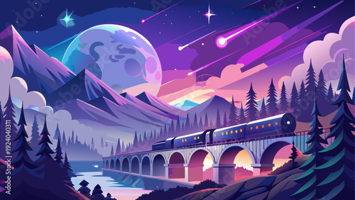 Train crossing bridge at night scenery