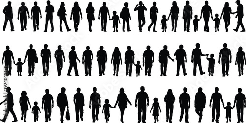 Silhouettes of diverse people walking in groups and families on white background