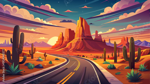 Desert road with cacti and rock formations