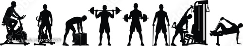 Silhouettes of people performing various exercises and using gym equipment for workout fitness