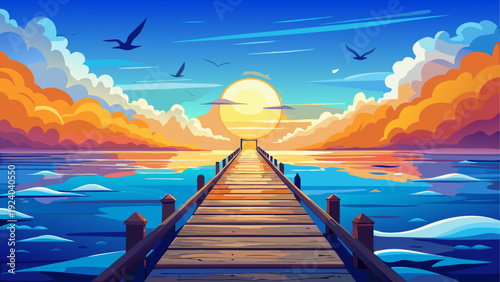 Illustration of pier at sunset with birds