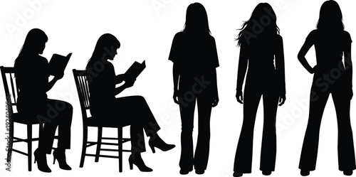 Silhouettes of five women in various poses on white background black standing