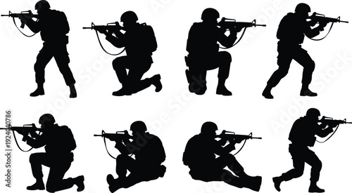 Silhouettes of Soldiers in Various Combat Positions with Rifles Military
