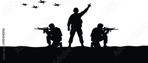 Three Soldiers Silhouettes with Aircrafts in the Sky Military Army Rifles