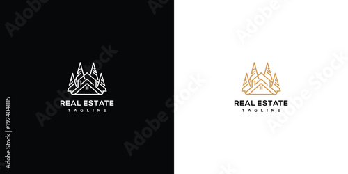 Modern Real Estate Logo Design with Abstract House and Trees.