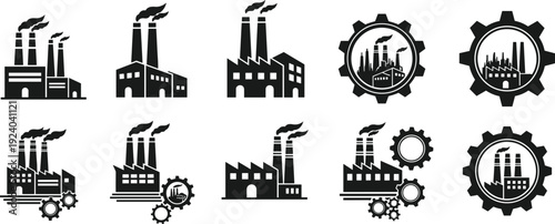 Black and white industrial factory icons, manufacturing buildings with chimneys, gear and cogwheel elements, engineering symbols, mechanical production vector illustration for industry design