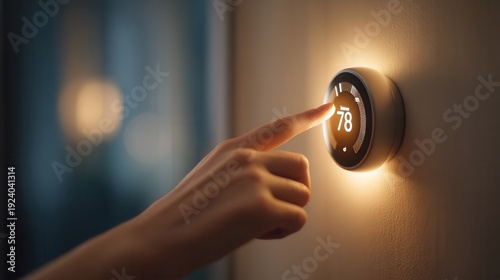 close-up of a person adjusting a modern smart thermostat with digital temperature display, soft natural and ambient lighting highlighting screen glow and hand details