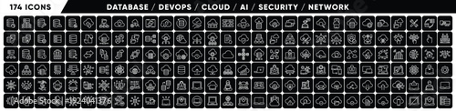Dark Mode Technology Line Icon Set – Database, DevOps, Cloud, AI, Security and Network Collection