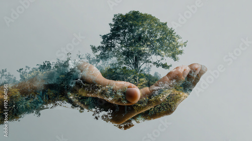 Double exposure hand forest tree environment nature conservation sustainability ecology future
