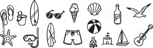 Beach vacation icons and symbols in line art style