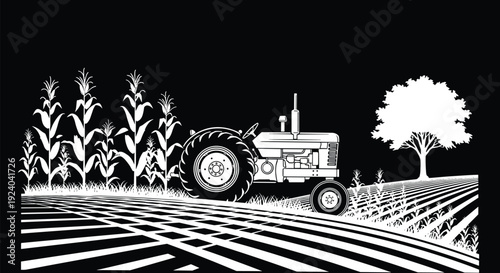 Black and white rural farming illustration with tractor, corn plants, tree and plowed field rows, agricultural landscape artwork, countryside agriculture concept