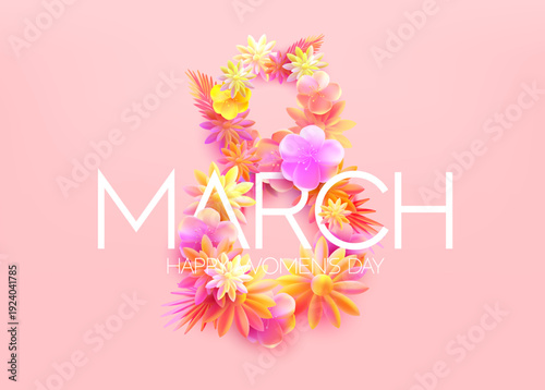 March 8 international women's day. Number eight of spring flowers with big congratulatory inscription. Bright greeting card design.