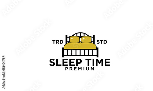 Sleep Time Premium Bed Logo Icon Design with Yellow Mattress and Pillows