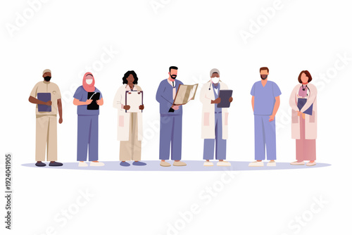 Diverse group of healthcare professionals standing in a line together