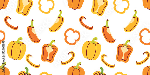  A cheerful seamless pattern with whole and sliced orange and yellow bell peppers. Ideal for bright kitchen accessories, grocery bags, and summer-themed food designs