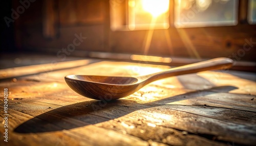 FlyPro Firefly: A rough-hewn wooden spoon rests on a dusty surface, a forgotten meal's tool in warm, photorealistic DSLR style