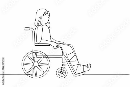 Line drawing of a young woman seated in a wheelchair
