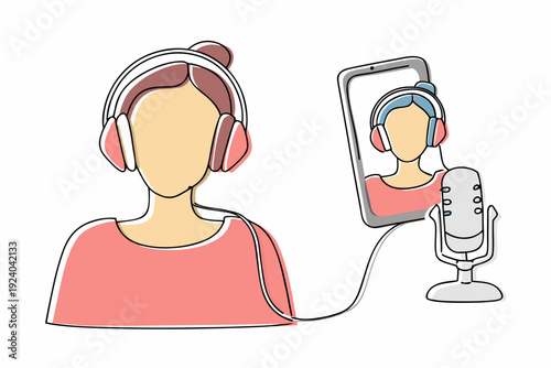 Woman podcasting with a reflection showing herself recording audio