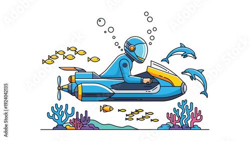 Diver on Jet Ski Underwater Scene with Dolphins and Coral Reef