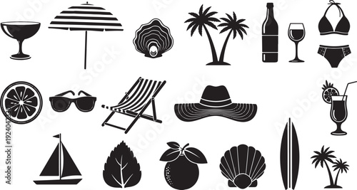 Black silhouettes of beach and summer icons