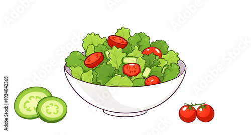 salad, bowl, food, cartoon, illustration, healthy, fresh, vegetable, veggies, greens, lettuce, tomato, cucumber, meal, diet, nutrition, vegan, vegetarian, organic, natural, lunch, dinner, cuisine, coo